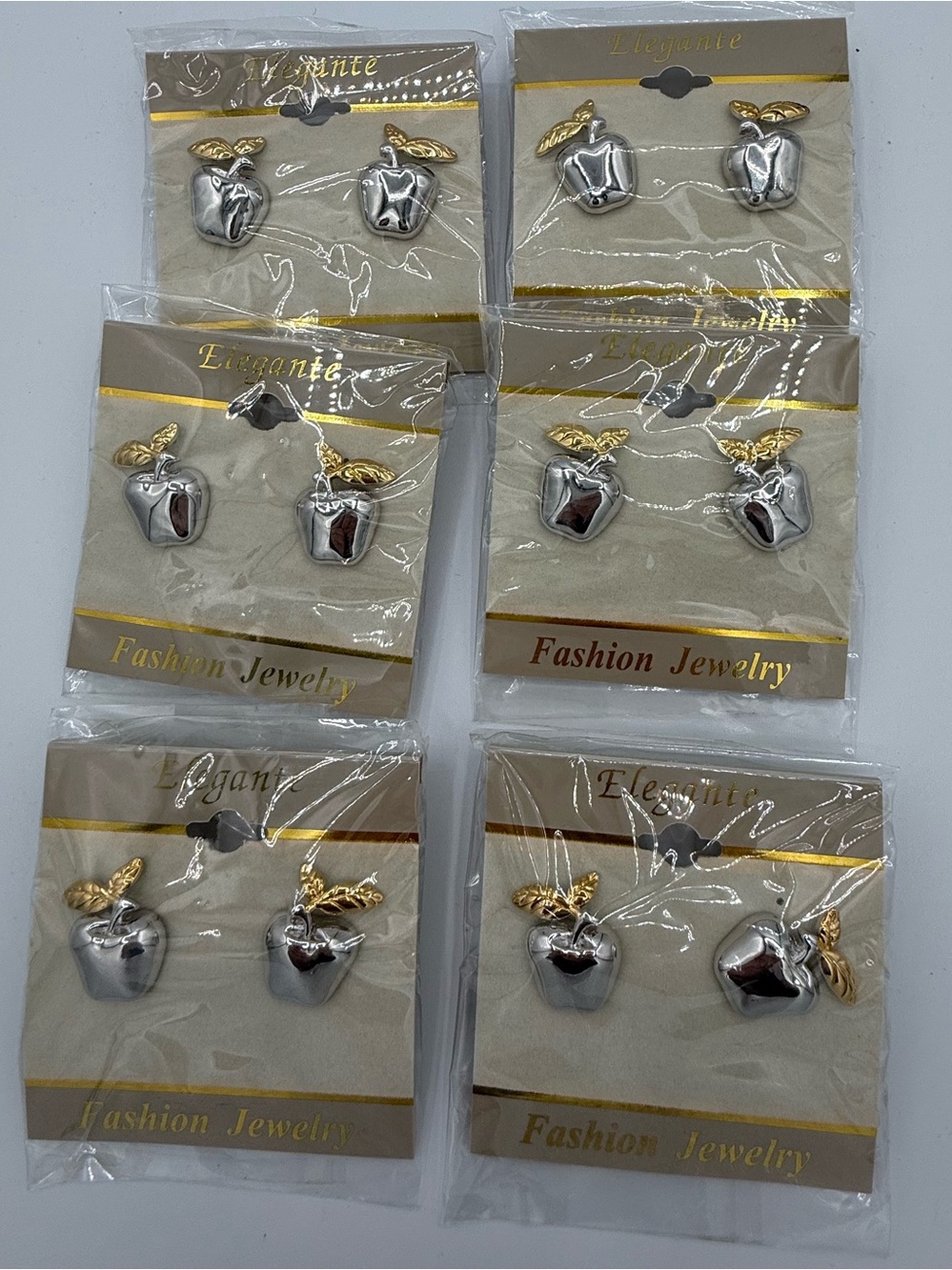 Six Pairs Silver & Gold Apple Stud Earrings Teacher Groups Clubs NWT